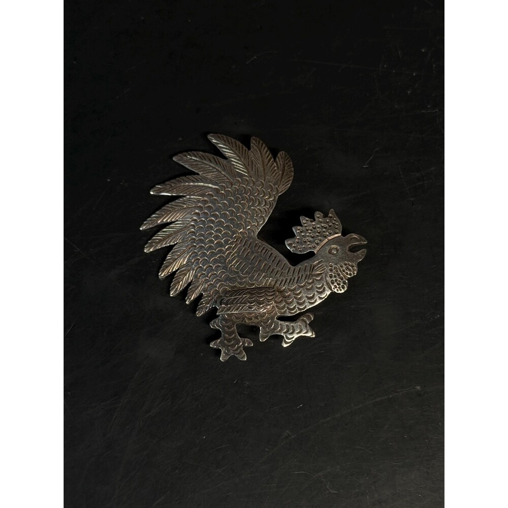 Sterling Silver Rooster Brooch Detailed Chicken Bird Pin 1.75"